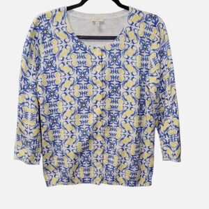 Talbots Women's Blue & Yellow Print 3/4 Sleeve Cotton Cardigan Sweater Sz L